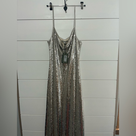 All Saints Hadley Silver Sequined Cowl Neck Sleeveless Slip Dress Size 6 - Picture 5 of 11